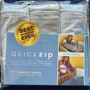 Quick zip crib sheets, 3 pack, gray/white. Brand new, never used.